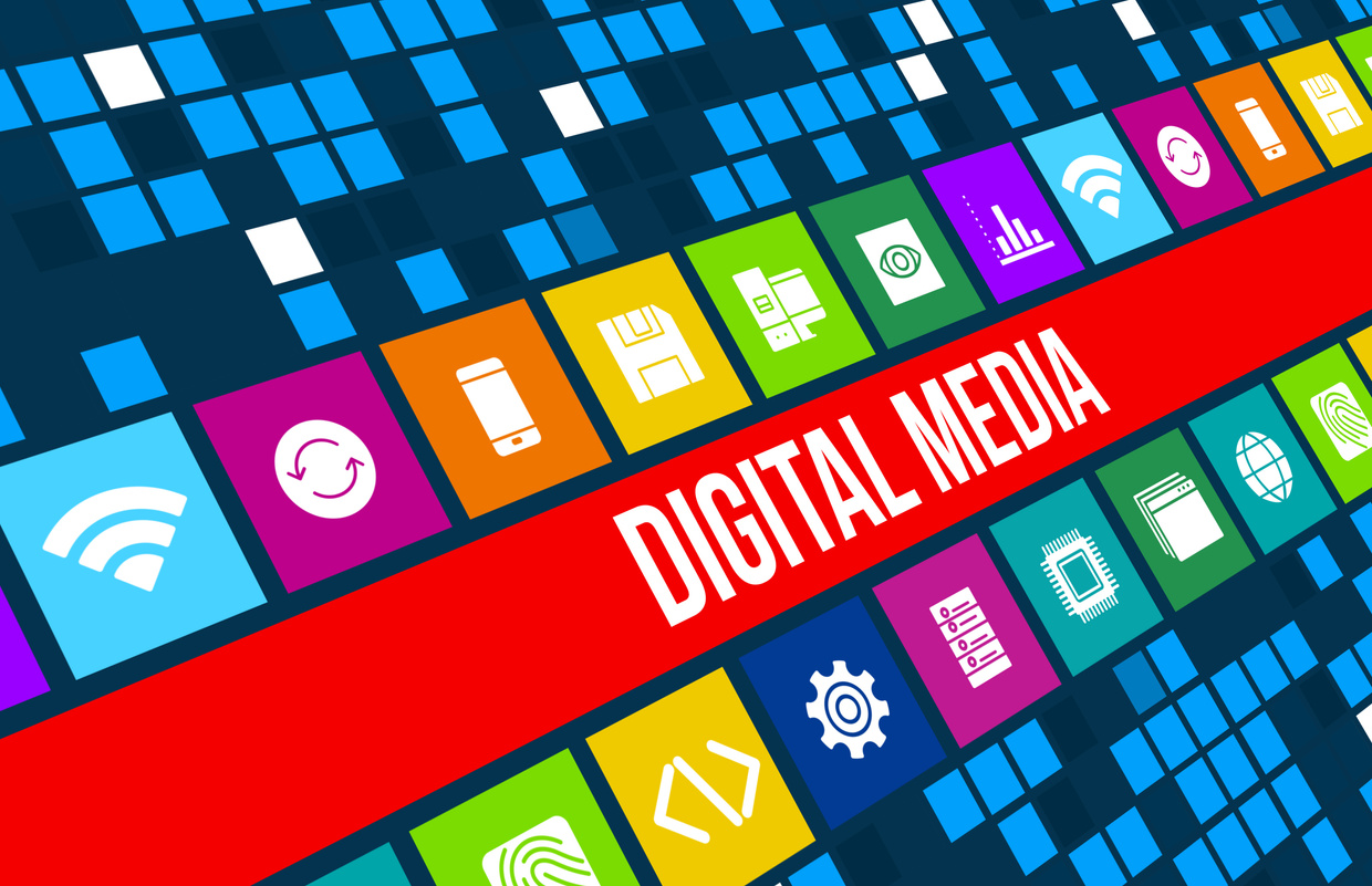 Digital media concept image with technology icons and copyspace