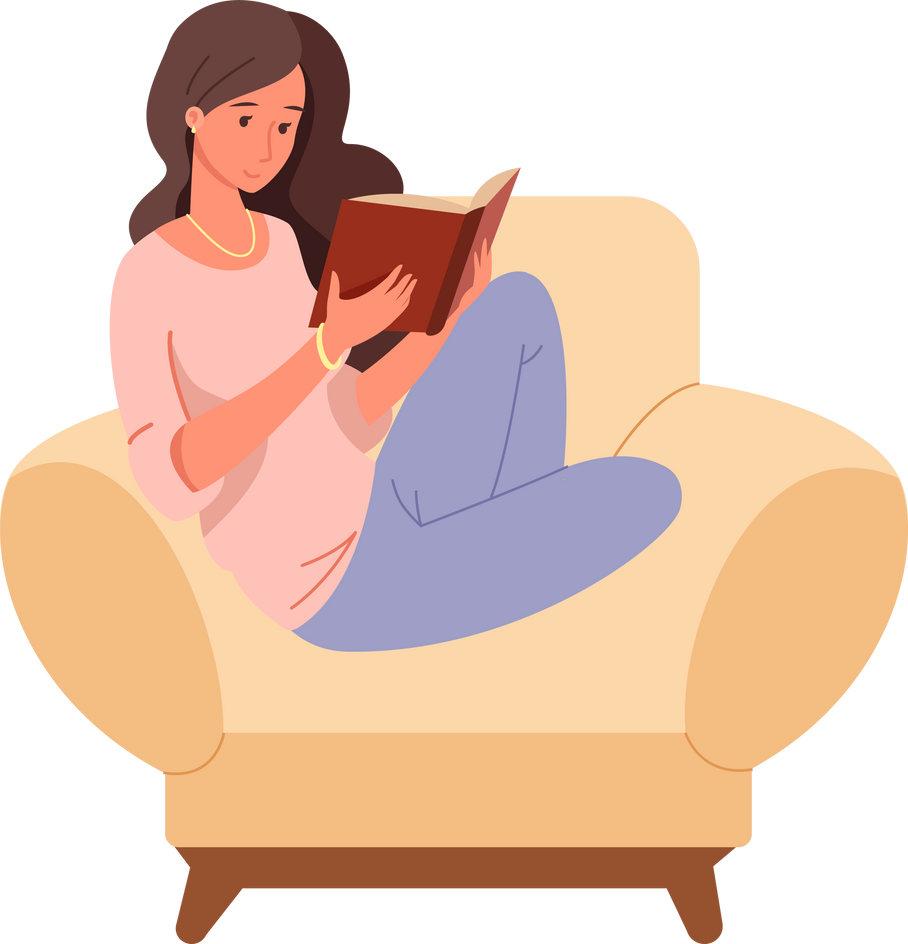 Woman read in cozy armchair. Hobby icon. Resting person